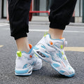 Boys rotating button basketball running shoes in black, available in youth and children's sizes.