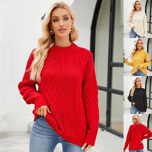 Women's casual round-neck pullover sweater with cable-knot pattern in red, white, yellow, and black