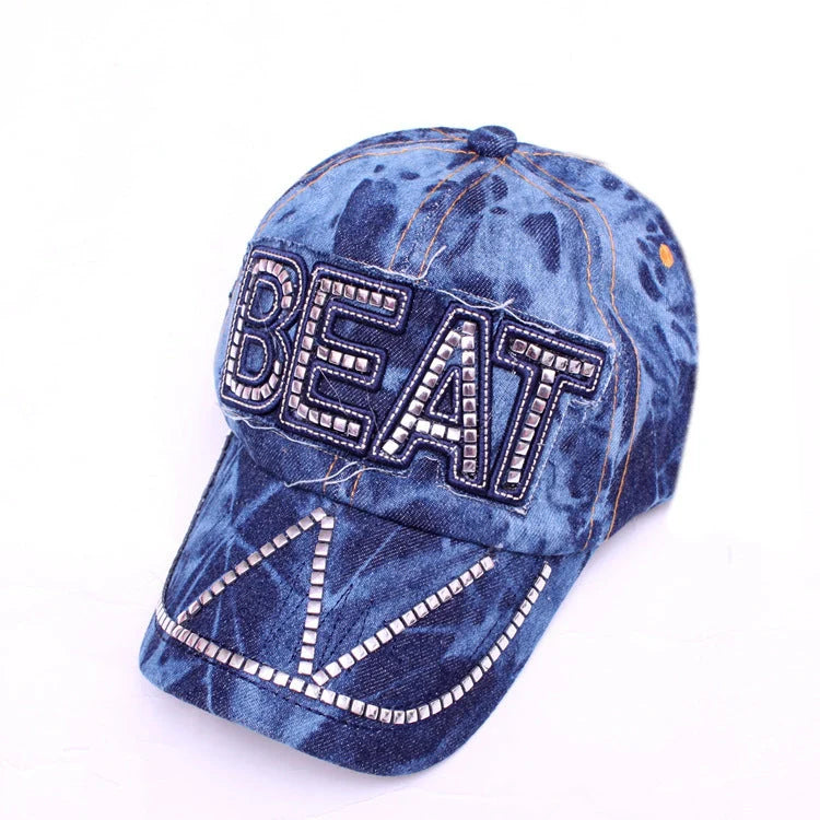 Korean-style denim baseball cap with rhinestone accents in blue, black, and dark blue