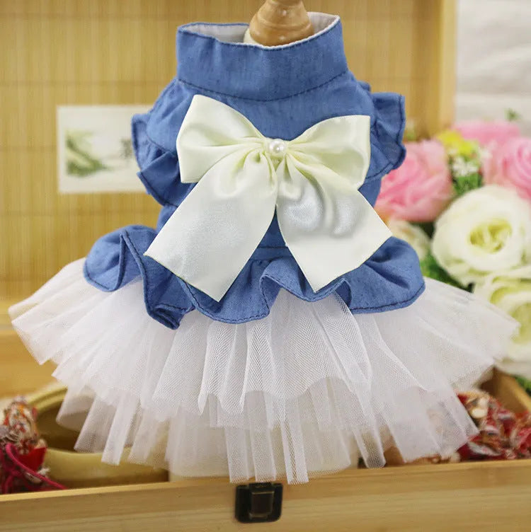 Korean denim pet skirt with creative bow design in princess style for dogs