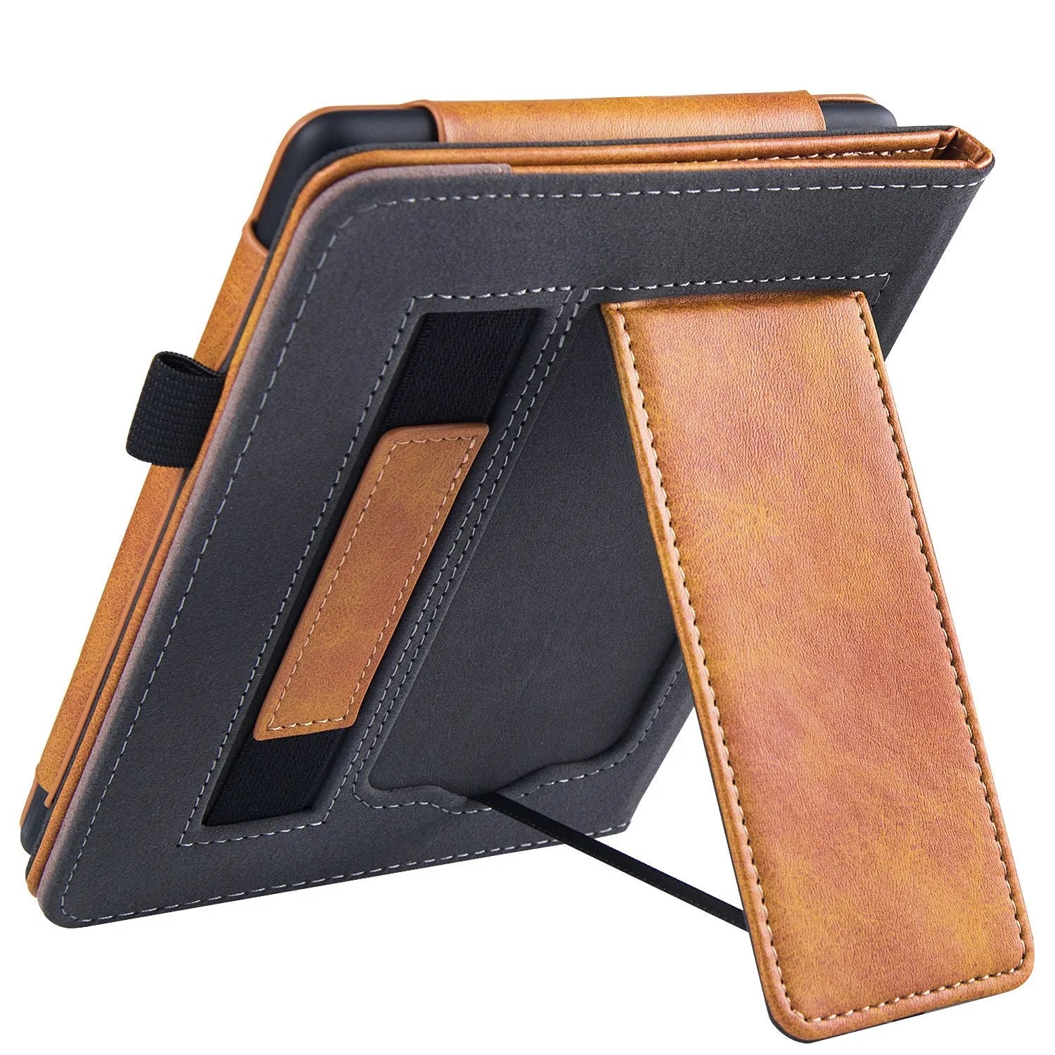 Brown leather Kindle Paperwhite 11 case with wrist strap bracket and microfiber interior