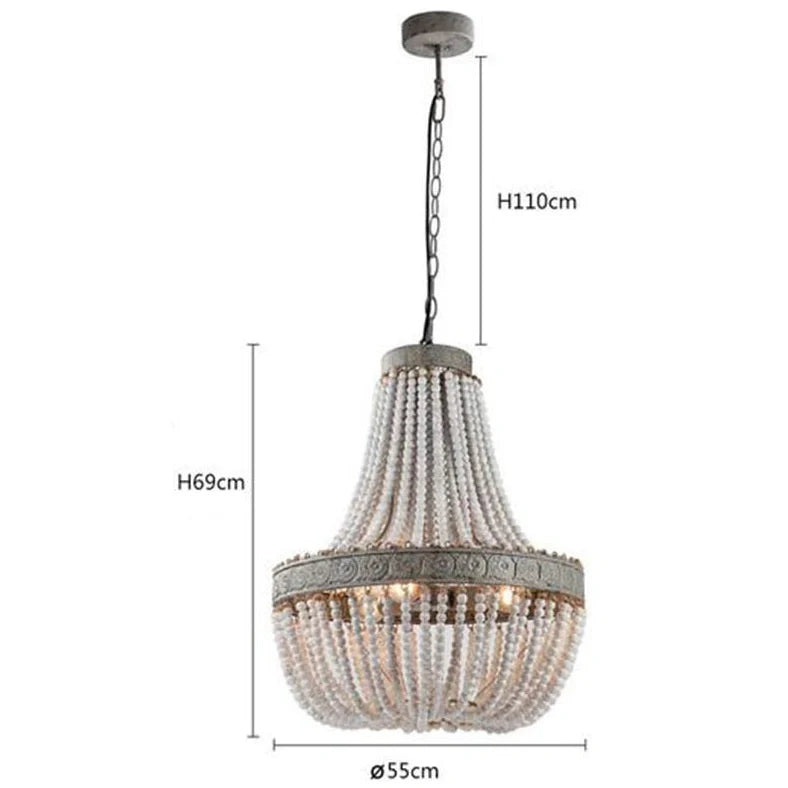 Distressed wooden bead chandelier with antique finish in retro American style for living room lighting