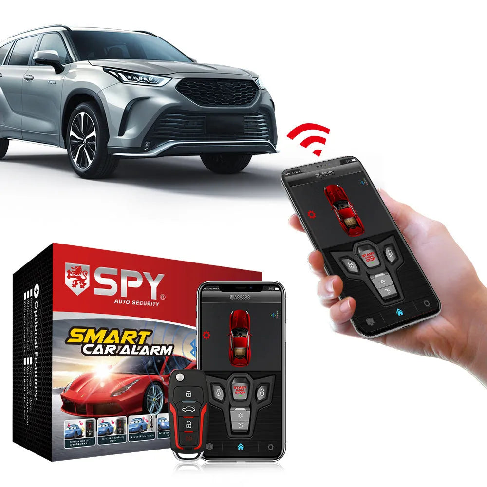 Red and frosted black one-way remote car alarm system with two remotes for vehicle security.