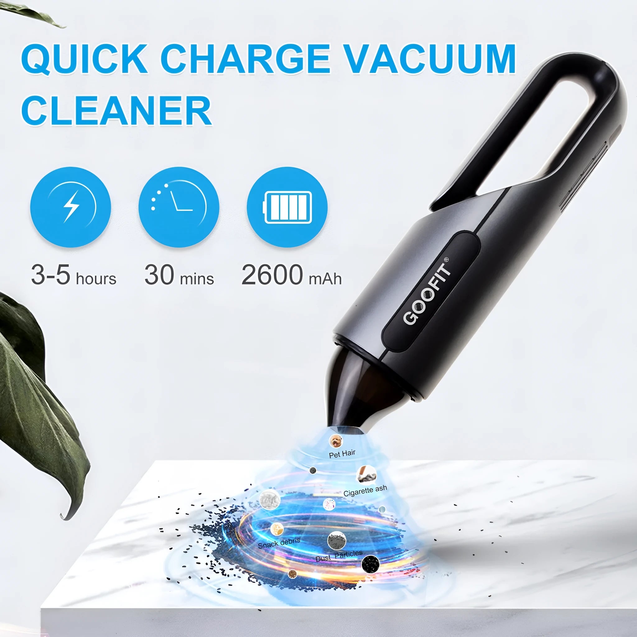 Black wireless handheld car vacuum cleaner with brush and flat attachments on a car seat