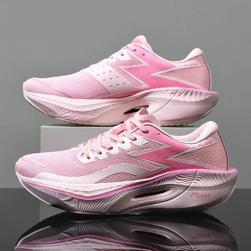 White and orange low-top running shoes with fabric upper, mesh lining, and a visible carbon plate design in the sole.