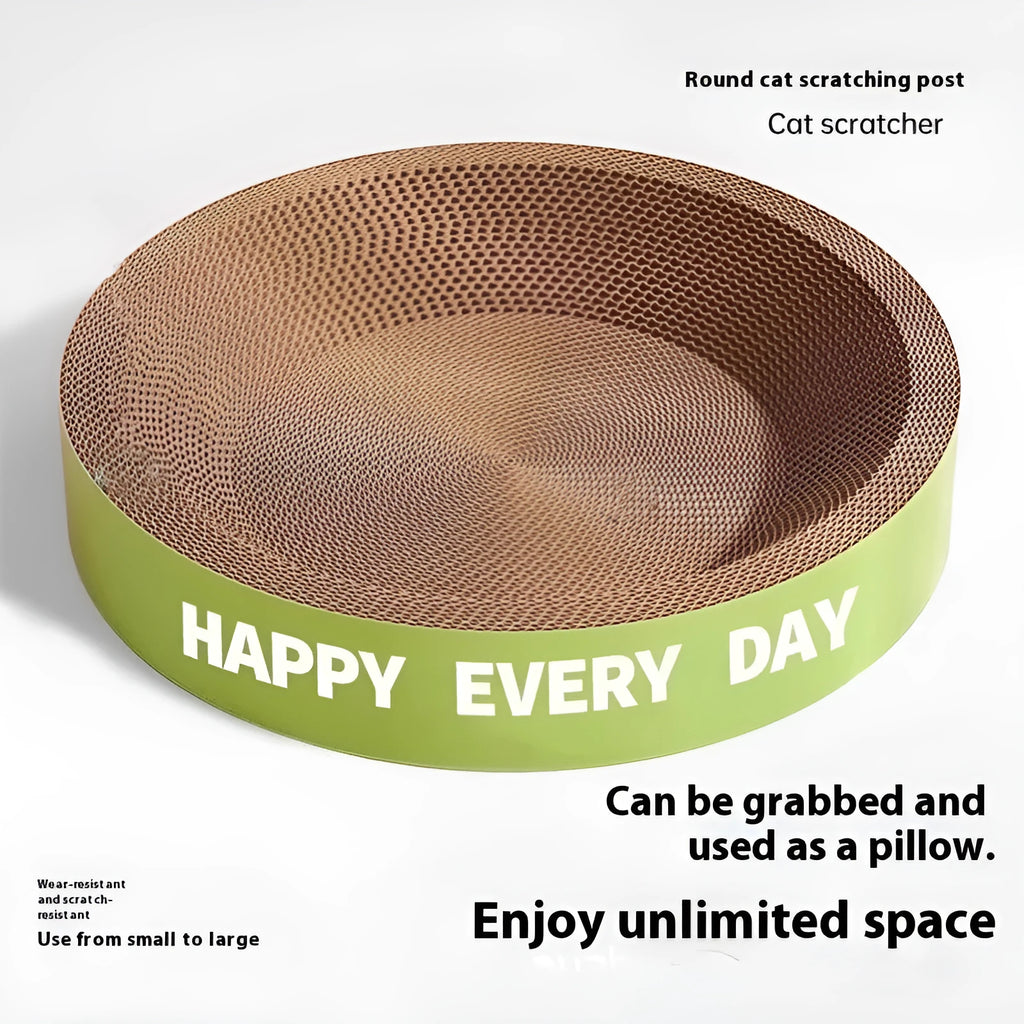 Round green cat nest with integrated scratching board measuring 50cm across