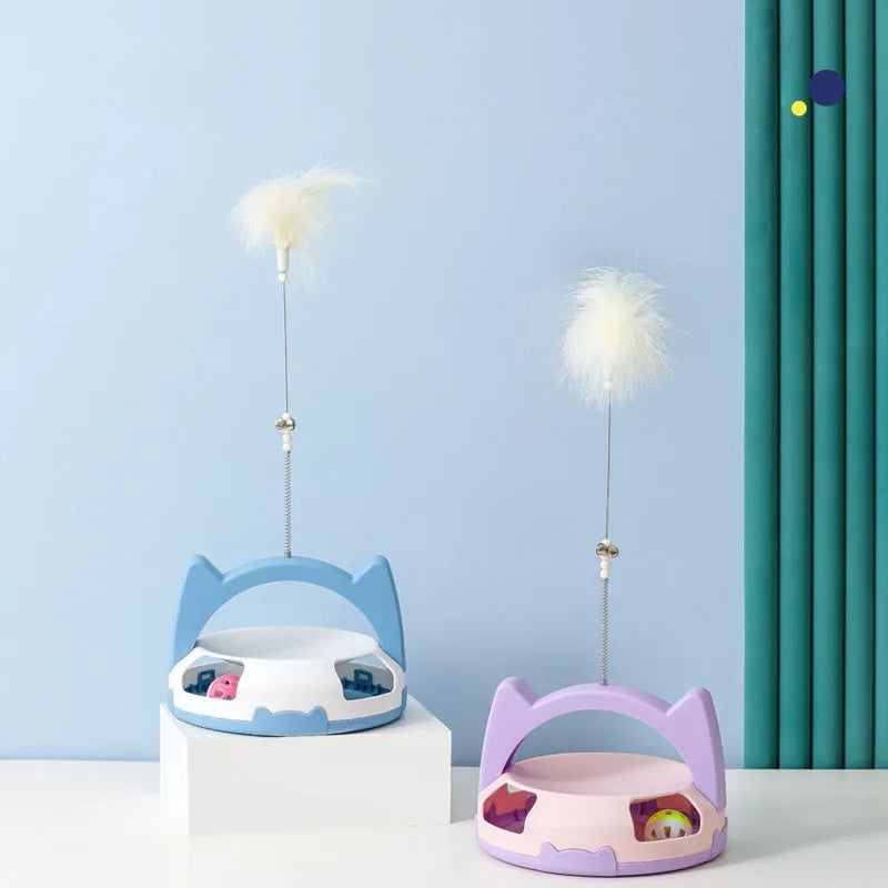 Bite-resistant nylon fibre cat toy stick with a spinning plastic ball in blue, pink, purple, or yellow.
