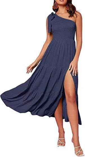 One-shoulder pleated dress with leg-revealing side slits in various colors