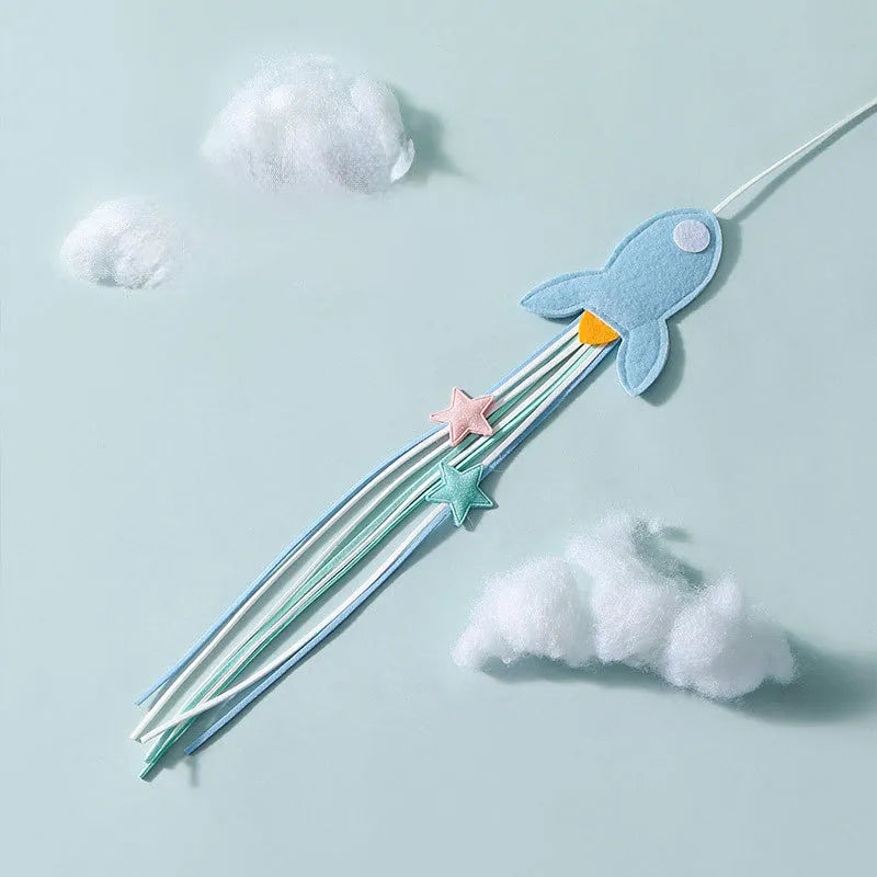 Blue cat teasing toy with long pole, feathered rocket head, and bite-resistant construction.