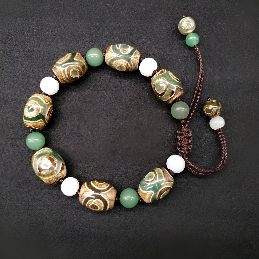Green agate Tibet beads bracelet with three-eye hand-woven ethnic style geometric patterning
