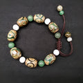 Green agate Tibet beads bracelet with three-eye hand-woven ethnic style geometric patterning