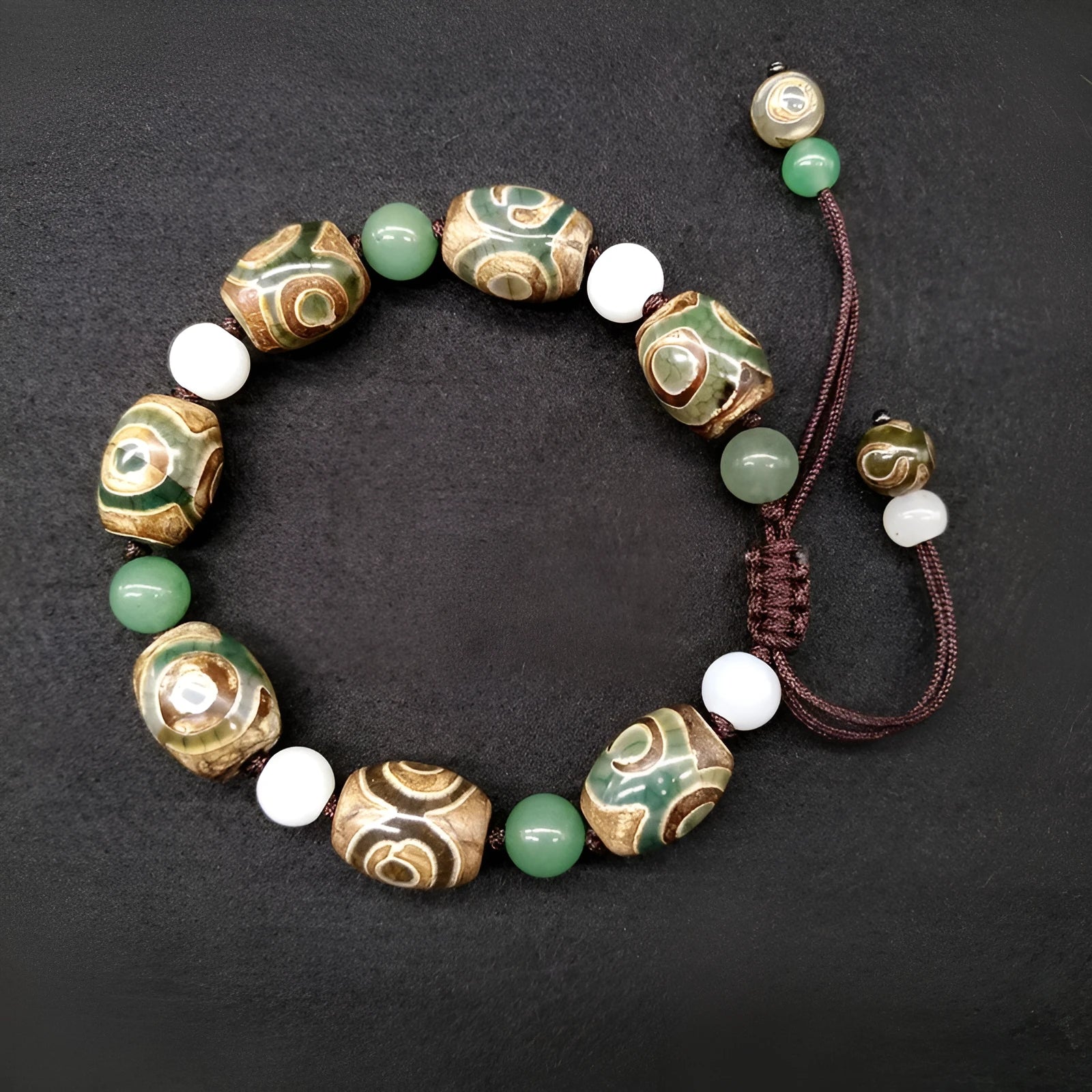 Green agate Tibet beads bracelet with three-eye hand-woven ethnic style geometric patterning