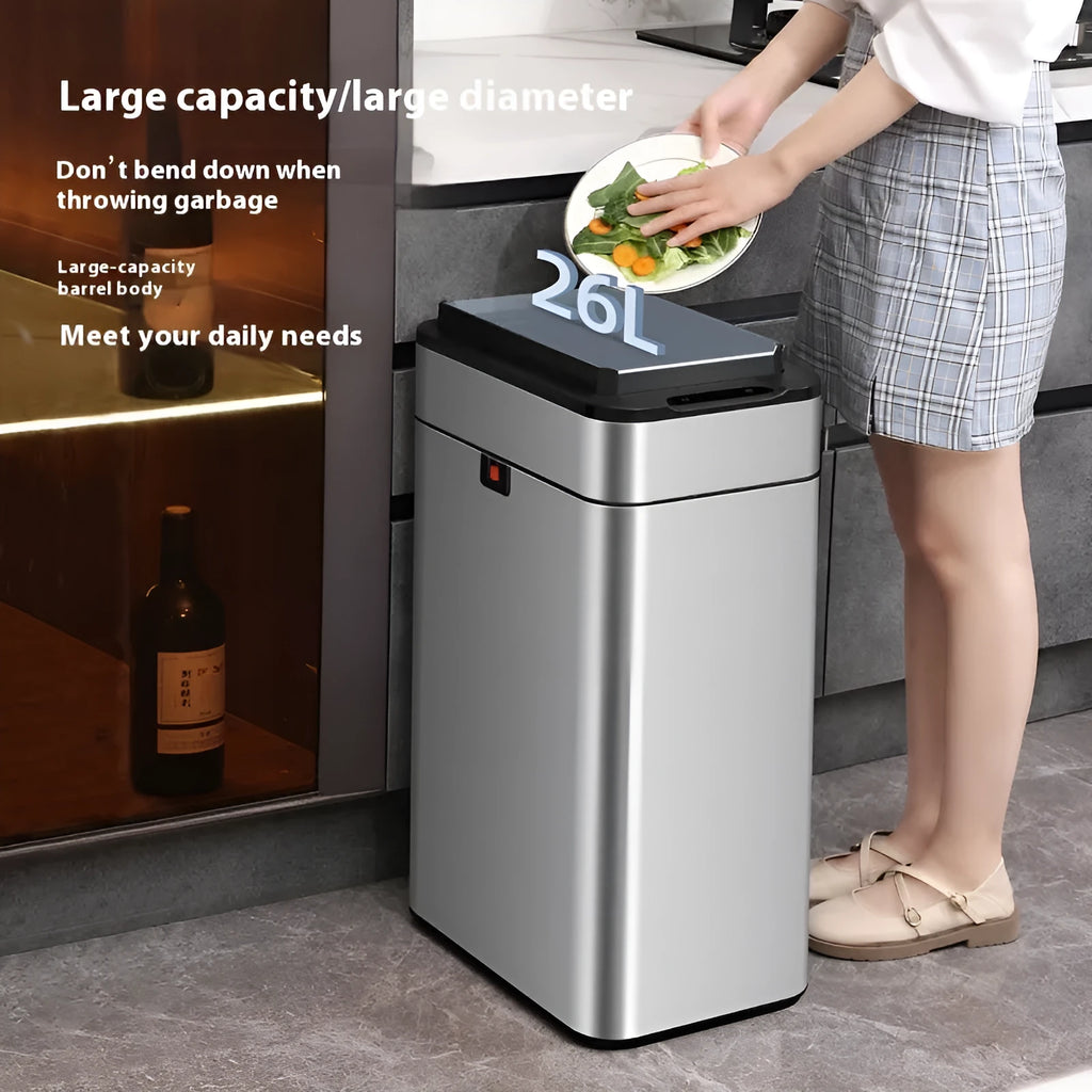 Square inductive smart trash can in stainless steel or white with touchless lid and deodorant function