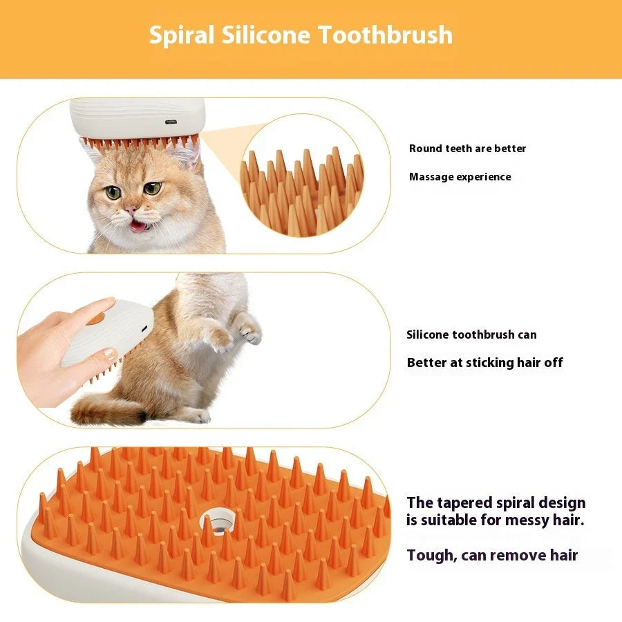 Rechargeable pet grooming brush with soothing steam massage function, designed for a comfortable and effective grooming experience for cats.