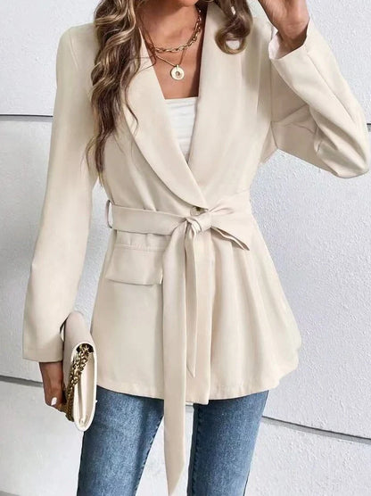 Women's slim fit long sleeve suit coat with lace-up front in black or apricot colours