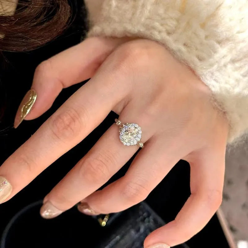 Silver geometric ring with adjustable opening and diamond-treated surface