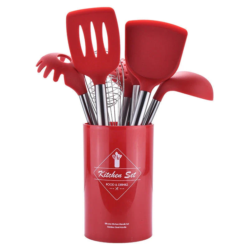 Versatile Silicone Kitchenware Set with Stainless Steel Handles - Includes Spoon, Spatula, Colander, and More