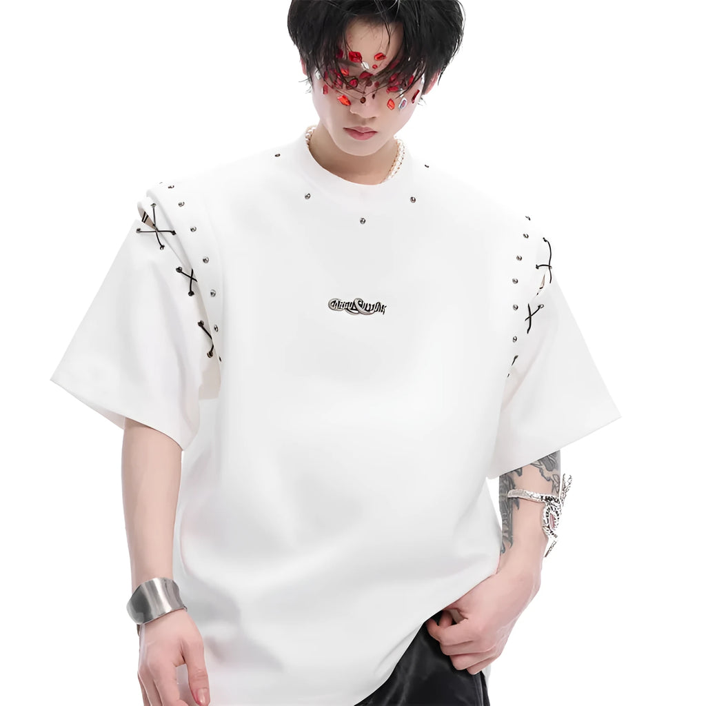 Men's black deconstruction style short sleeve t-shirt with a lace-up cutout panel on the front.