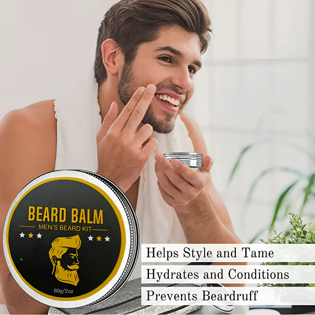 Two-piece beard care set with beard balsam in compact 20x17x5cm packaging, 30ml each
