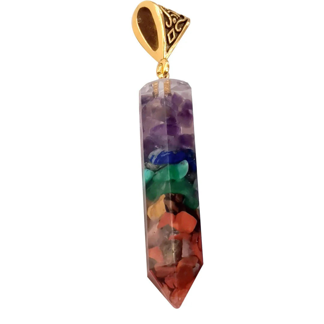 Seven chakra natural crushed stone hexagon column necklace with aura pendant in gold color