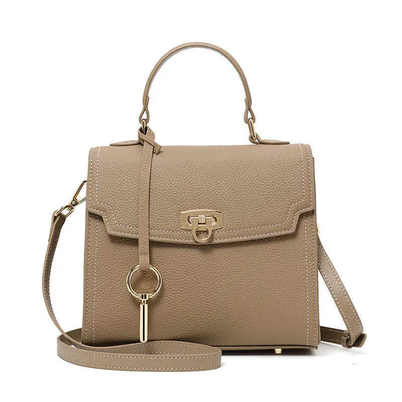 Elephant grey genuine leather vintage handbag with litchi pattern lock and file bag internal structure