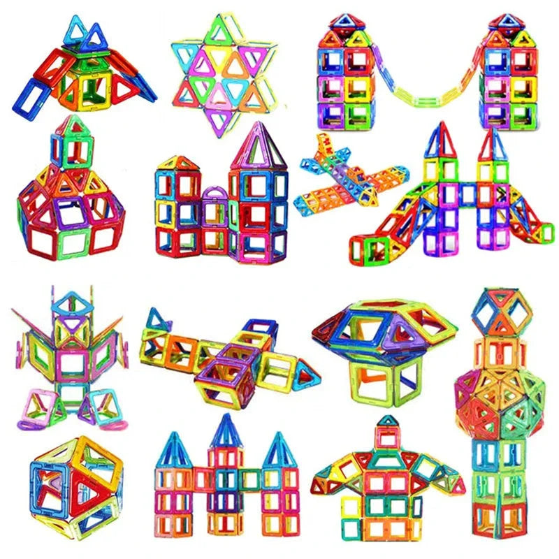 Premium magnetic building blocks in various shapes and sizes, showcasing the endless creative possibilities for kids