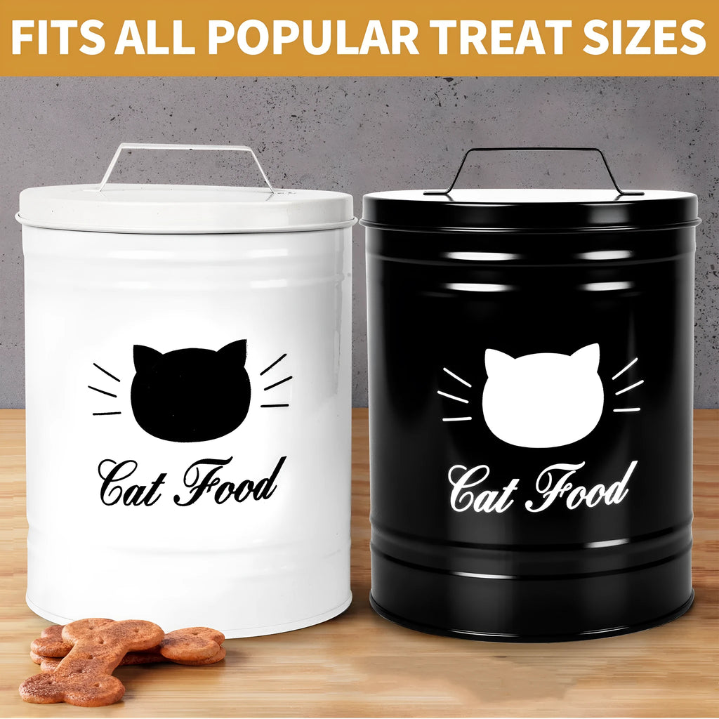 Round black and white iron sheet storage cans with lids for kitchen dry food storage.