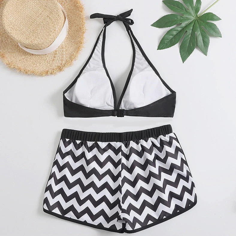 Zigzag print ladies bikini swimwear with geometric pattern on 82% polyester fabric