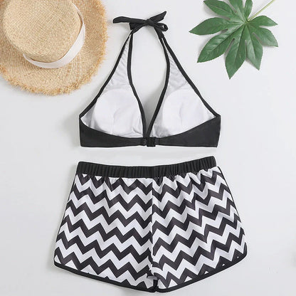 Zigzag print ladies bikini swimwear with geometric pattern on 82% polyester fabric
