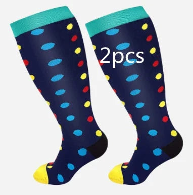 Plus-size compression socks in various stylish patterns for improved leg health and comfort