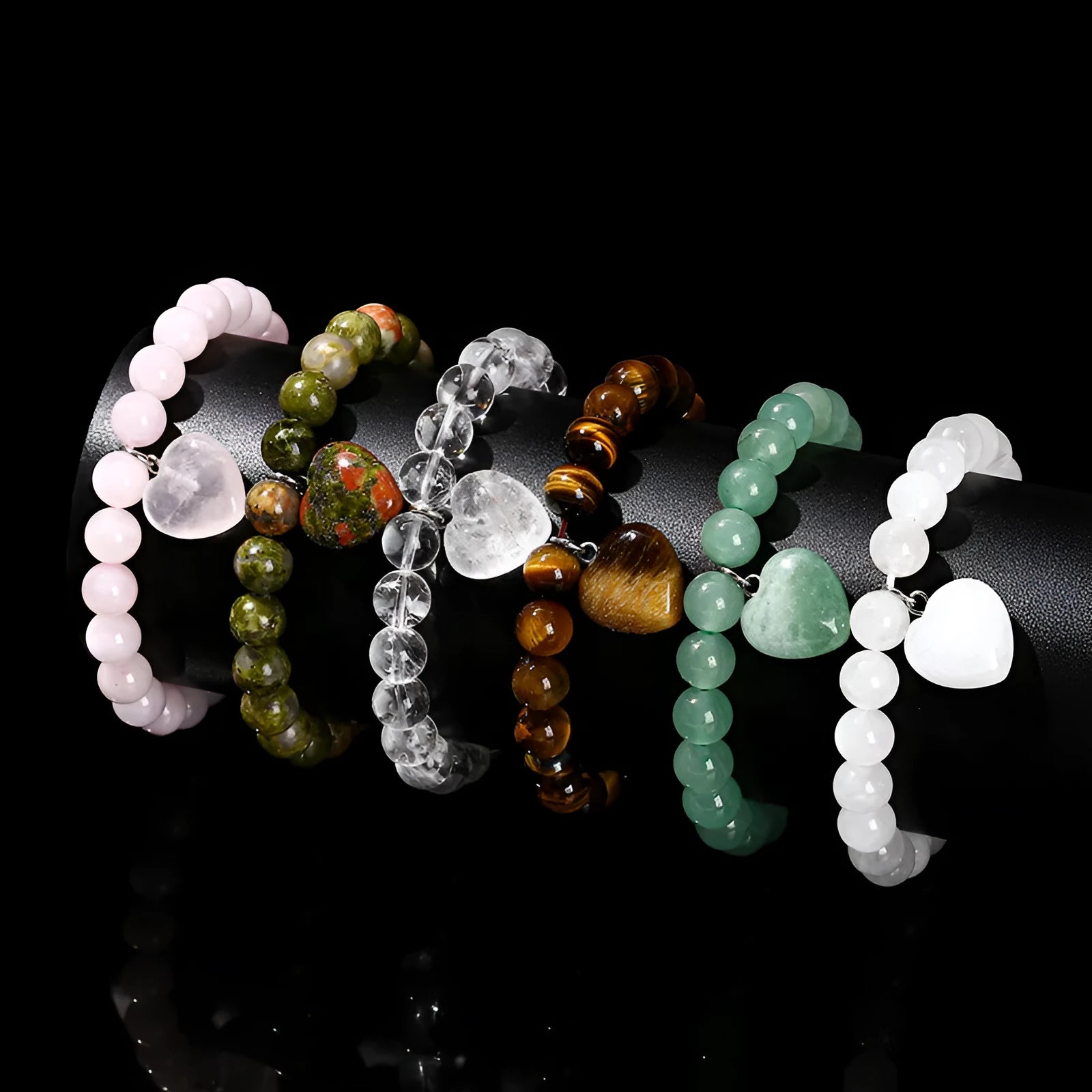 Natural stone love pendant bracelet for women with geometric heart, available in multiple stone types and 8mm or 10mm beads.