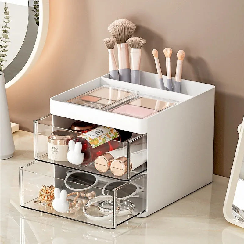 Transparent drawer desktop storage organiser box with internal partitions in pink colour