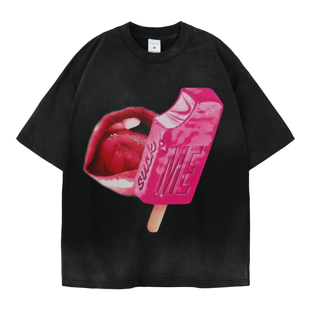 Loose fit heavy washed cotton T-shirt with a cartoon print, shown in multiple colour options.
