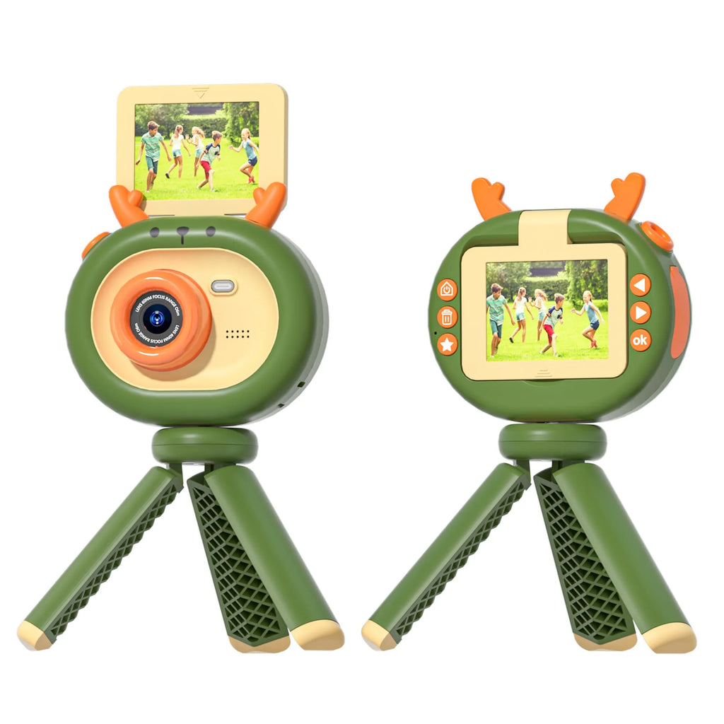 Purple children's digital camera with flip screen, silicone lanyard, and USB cable on a cartoon map.