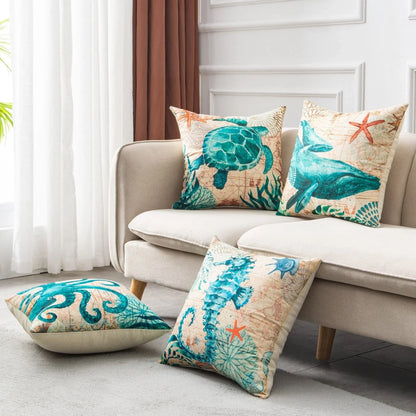 Decorative throw pillow covers featuring various marine-inspired designs like sea turtles, whales, octopus, and more on a linen background