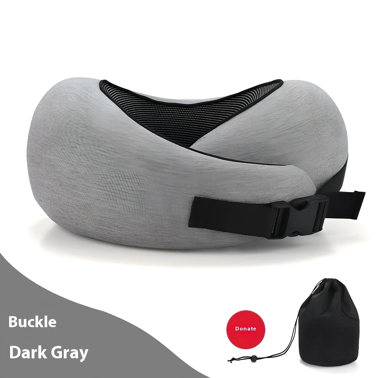 Dark gray adjustable U-shaped memory foam neck pillow with Velcro closure and storage bag, 30cm high for travel support