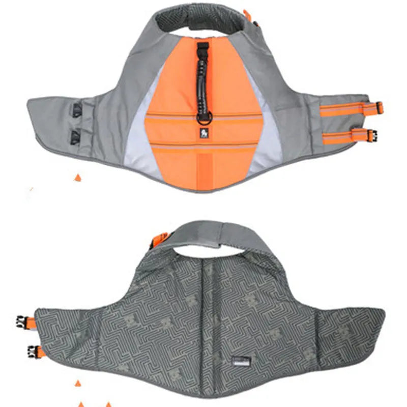 Pet dog swimming life jacket in orange with 3M reflective strips, adjustable straps, and lifting handle