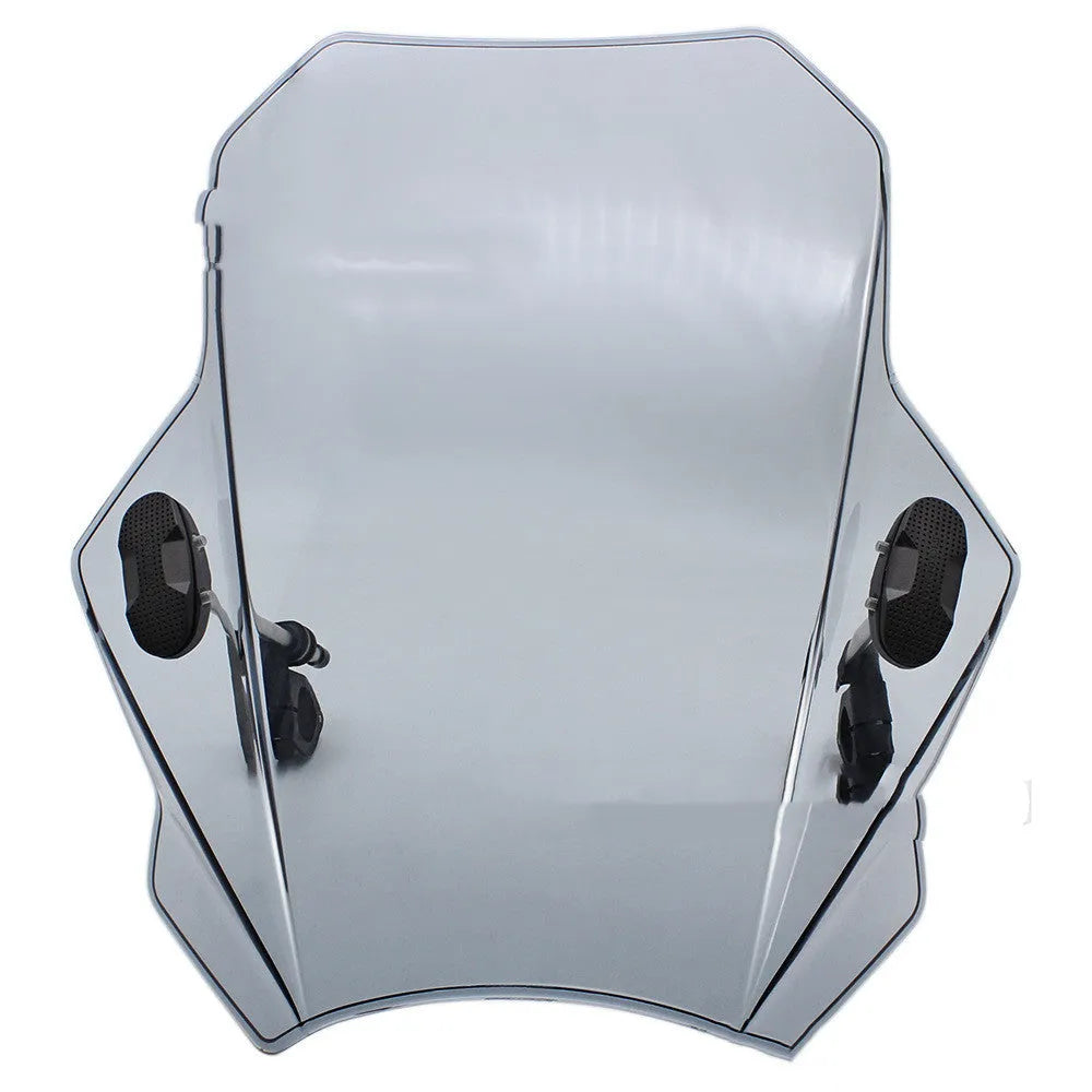 Universal ABS plastic motorcycle windshield in smoke grey with handlebar clamps