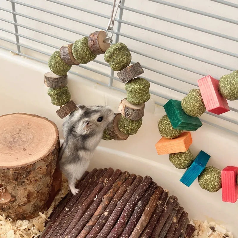 Hamster toy decorative ring with Applewood and colour sequin straw balls for small pets
