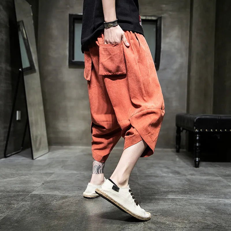 Casual ice silk harem pants in black, loose fit cropped length polyester fibre summer trousers for women