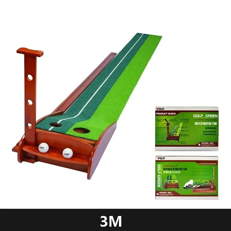 Indoor golf putting practice mat with solid wood frame and dual holes on artificial grass surface.