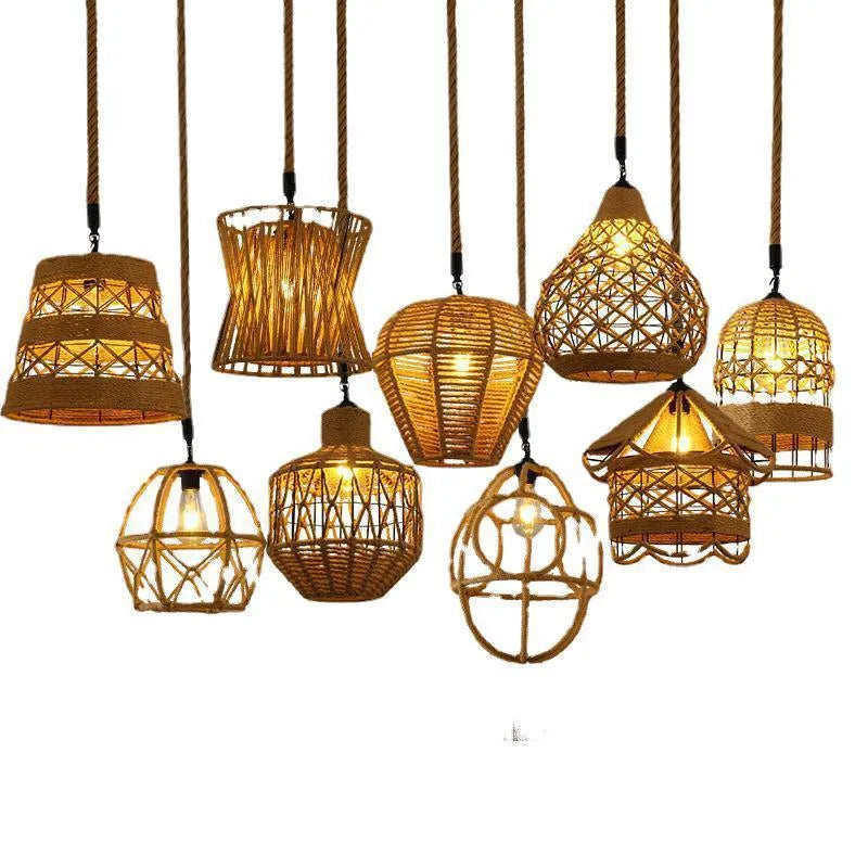 Hemp rope industrial style chandelier with black metal frame and 16 size options for restaurant or café lighting