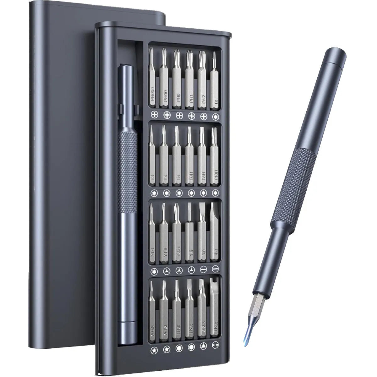 Compact 25-in-one magnetic screwdriver set with chrome vanadium steel bits and a black ABS handle.