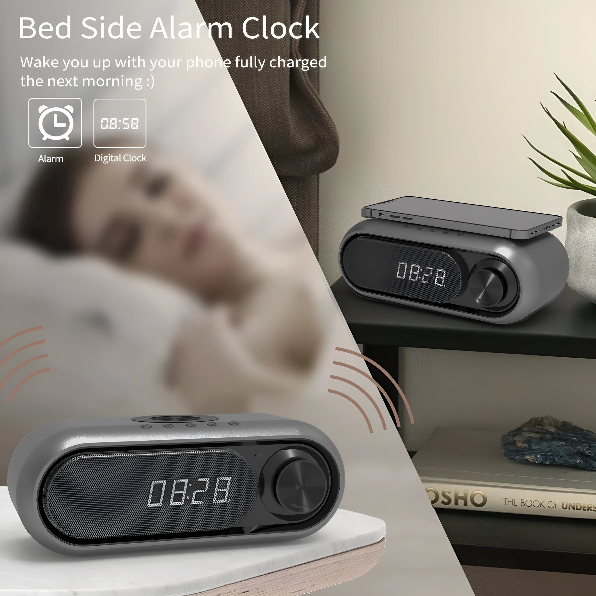 Wireless charging bedside alarm clock with LED display in space grey colour showing time and charging smartphone