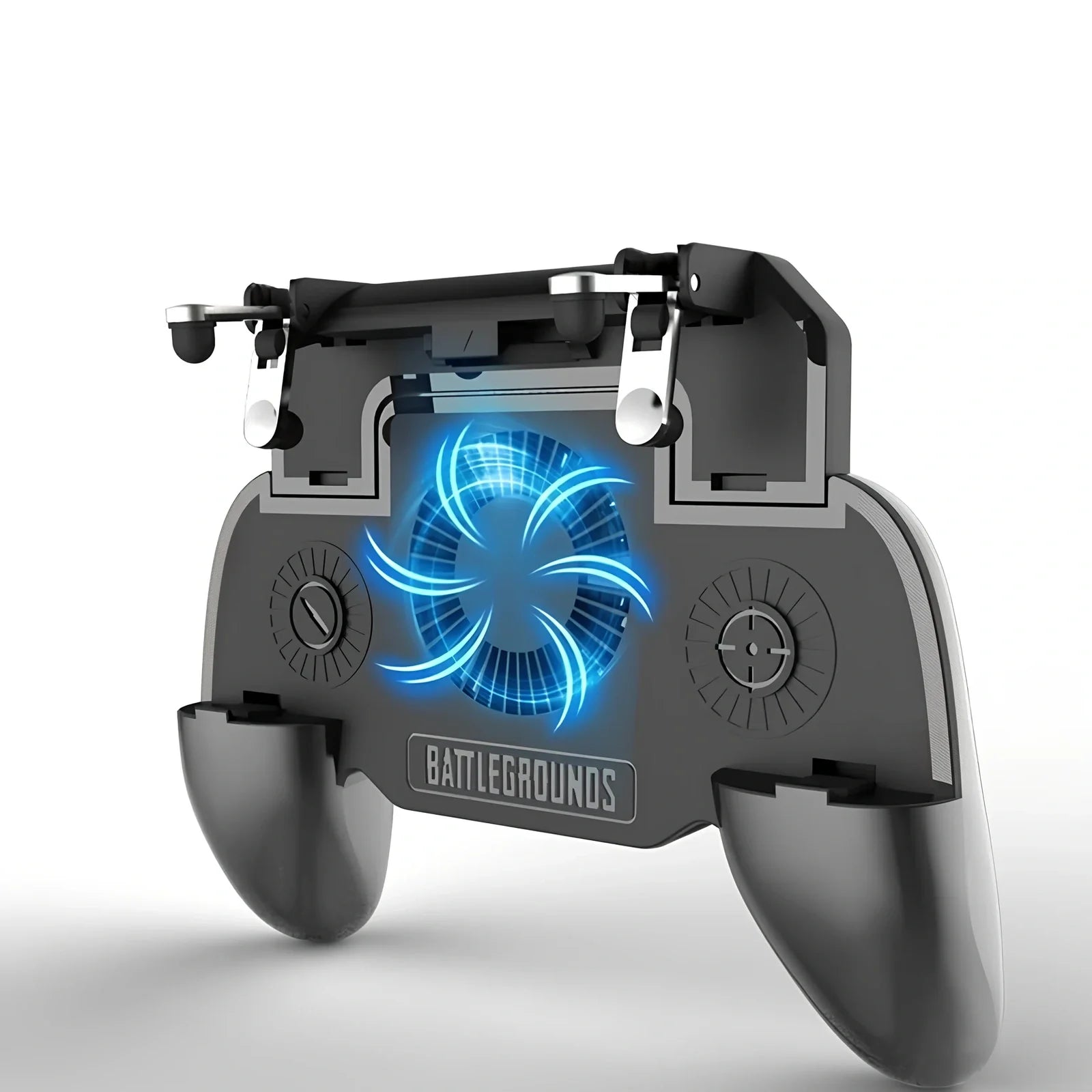 Black 5-in-1 mobile gaming controller with fan, 2000mAh powerbank, wireless clamp for phones 10-16.5cm