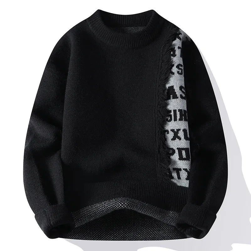 Men's loose-fit knitted pullover jumper in rabbit fur polyester blend, shown in black with a ribbed hemline.