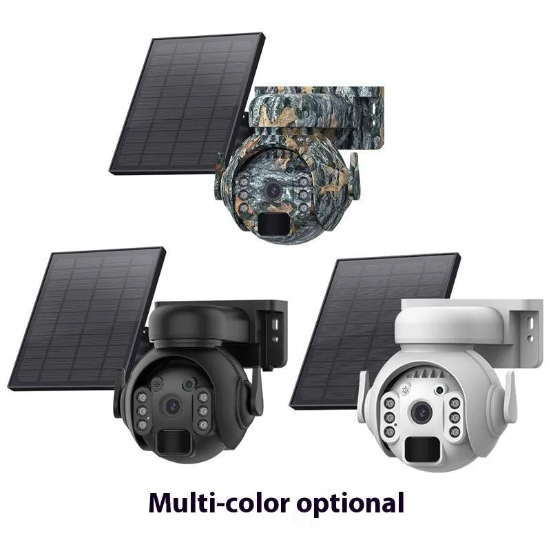Q55 solar-powered outdoor security camera in white, black, or camouflage finish with integrated solar panel