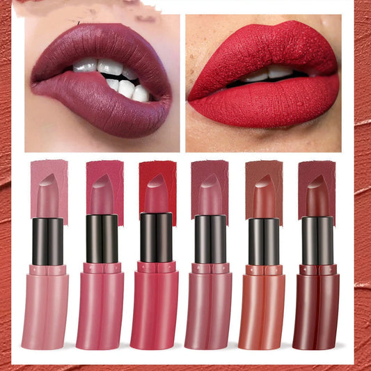 Six curved matte lipsticks in velvet texture with 3.5g content each in compact case