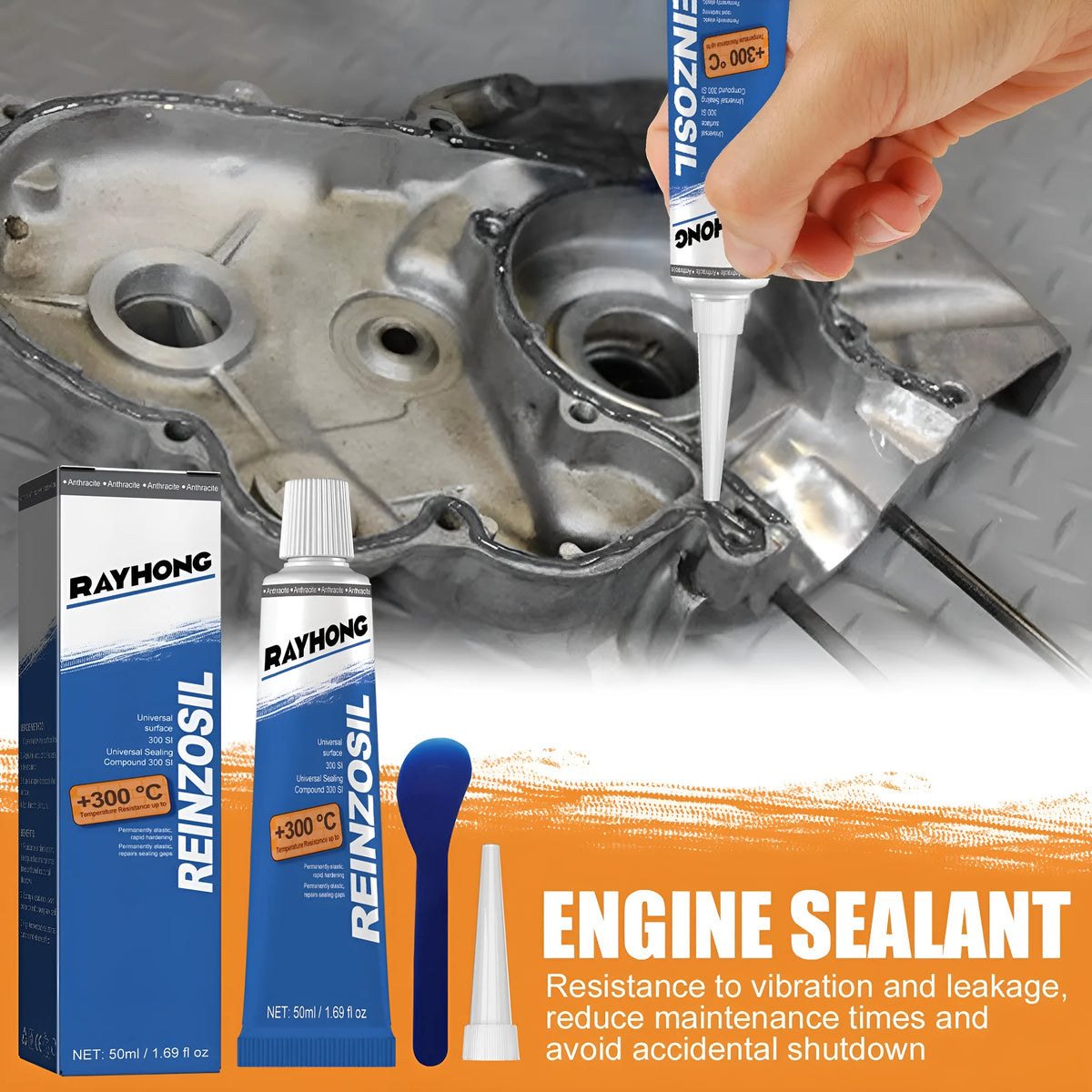 50ml silicone sealant for auto metal fuel tank repair with scraper and pointed nozzle in boxed packaging