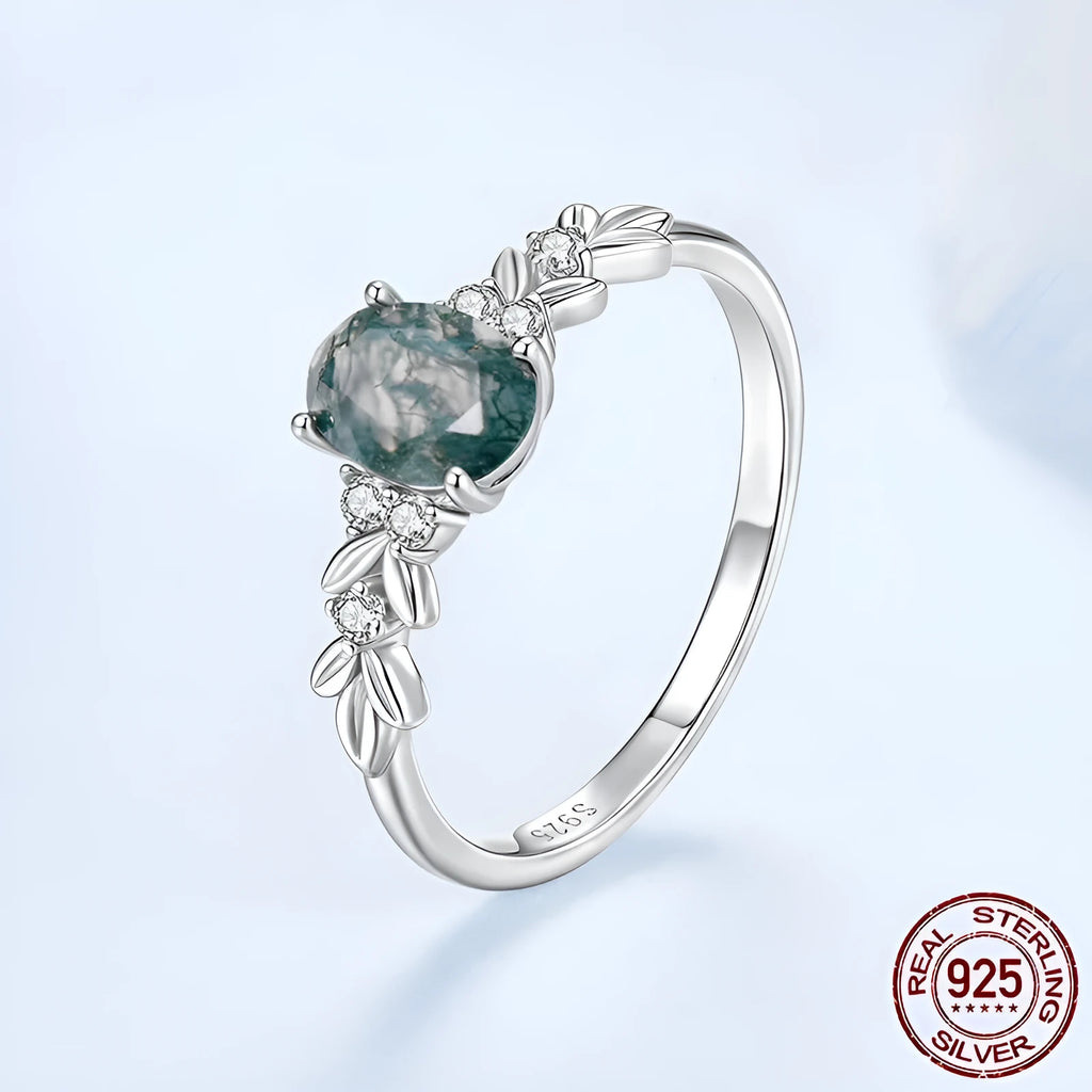 S925 sterling silver ring with natural seaweed agate centre, retro court style, geometry shape, available in size No 6, No 7, No 8